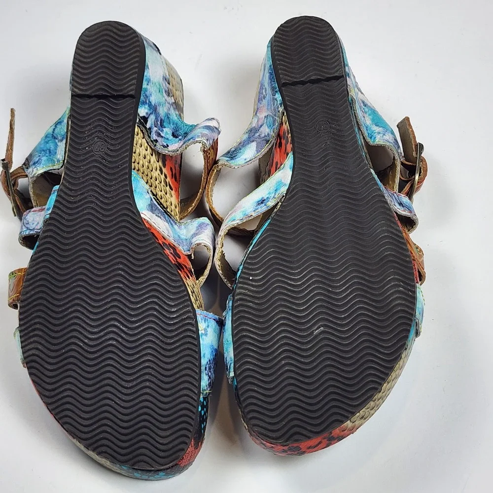 L'Artiste Spring Step Leather Wedge Sandals Women US 6.5 37 Floral Animal Casual